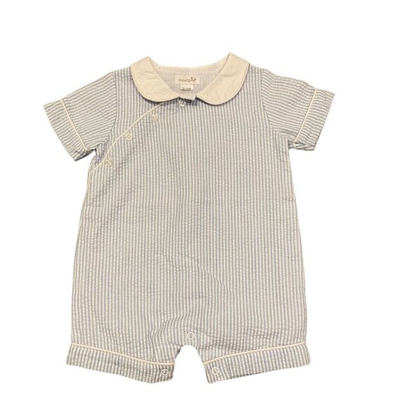 Mud Pie Baby Boy's Blue & White Striped Seersucker Romper - Picture 1 of 2